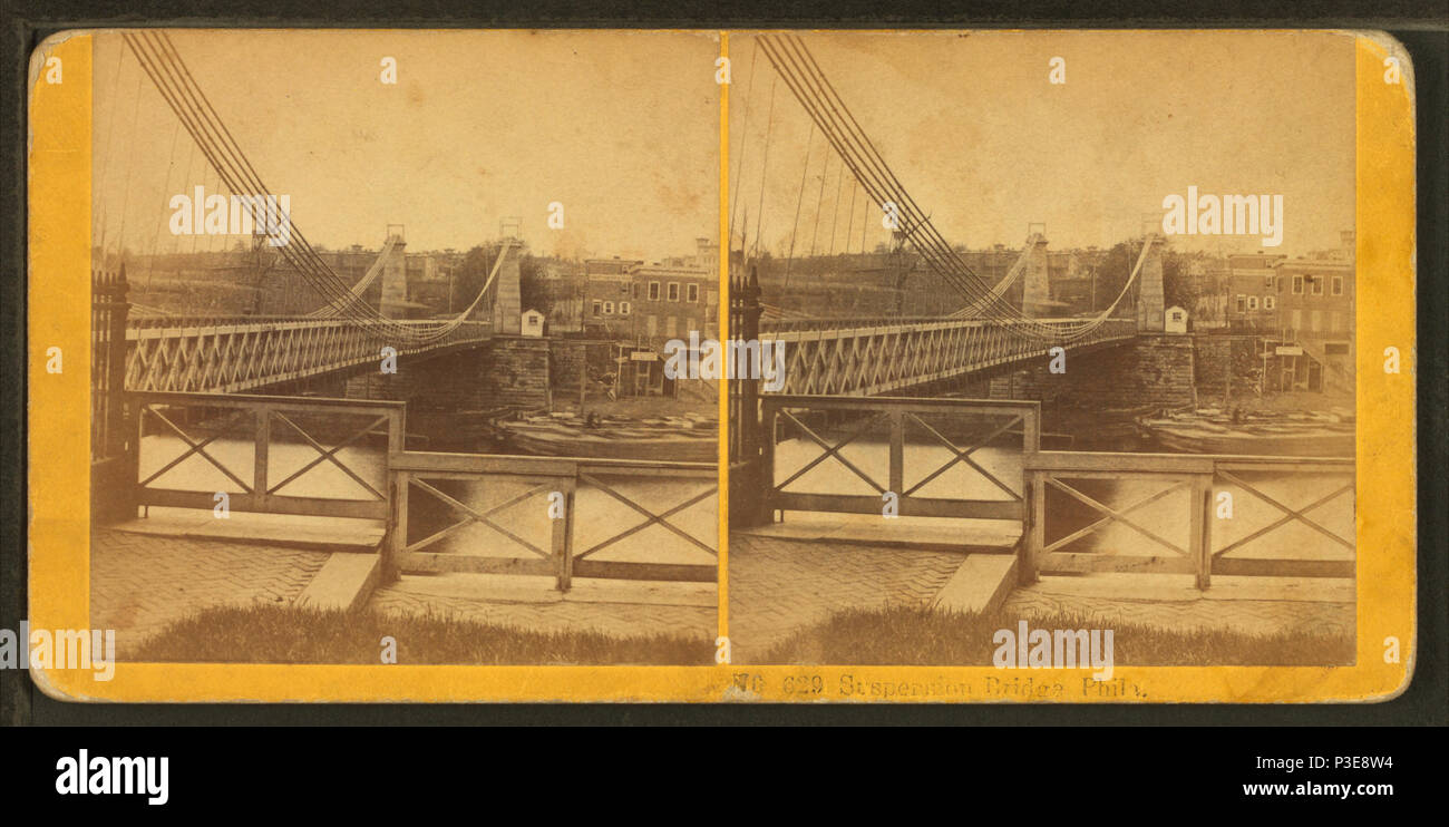 . Die Vorrruhestandsregelung bestimmten Brücke, Philadelphia.' Der 'Wire Bridge' an der Fairmount (eröffnet 1842, abgerissen 1874) war die erste große Kabel - Kabel-Suspension Bridge in den Vereinigten Staaten. Abdeckung: 1865?-1907. Quelle Impressum: 1865?-1907.. Digitale Element veröffentlicht 12/30-2005; 2-13-2009 aktualisiert. 294 Suspension Bridge, Philadelphia, von Kilburn Brüder 2. Stockfoto