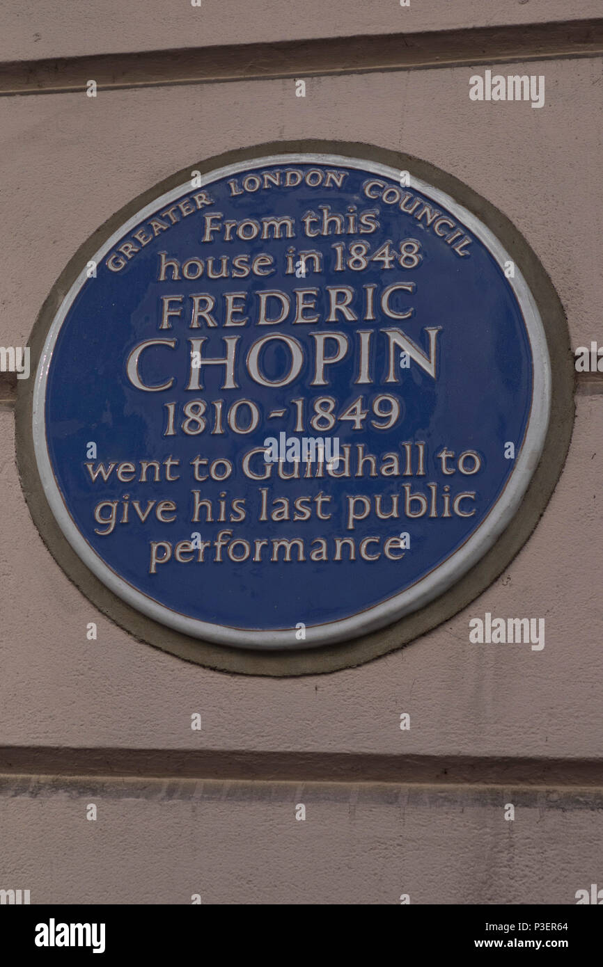 Plakette in dem Haus, in dem Musik Komponist Frederic Chopin, die beim Besuch in London St James's Place, London, England, Großbritannien gegründet wurde Stockfoto