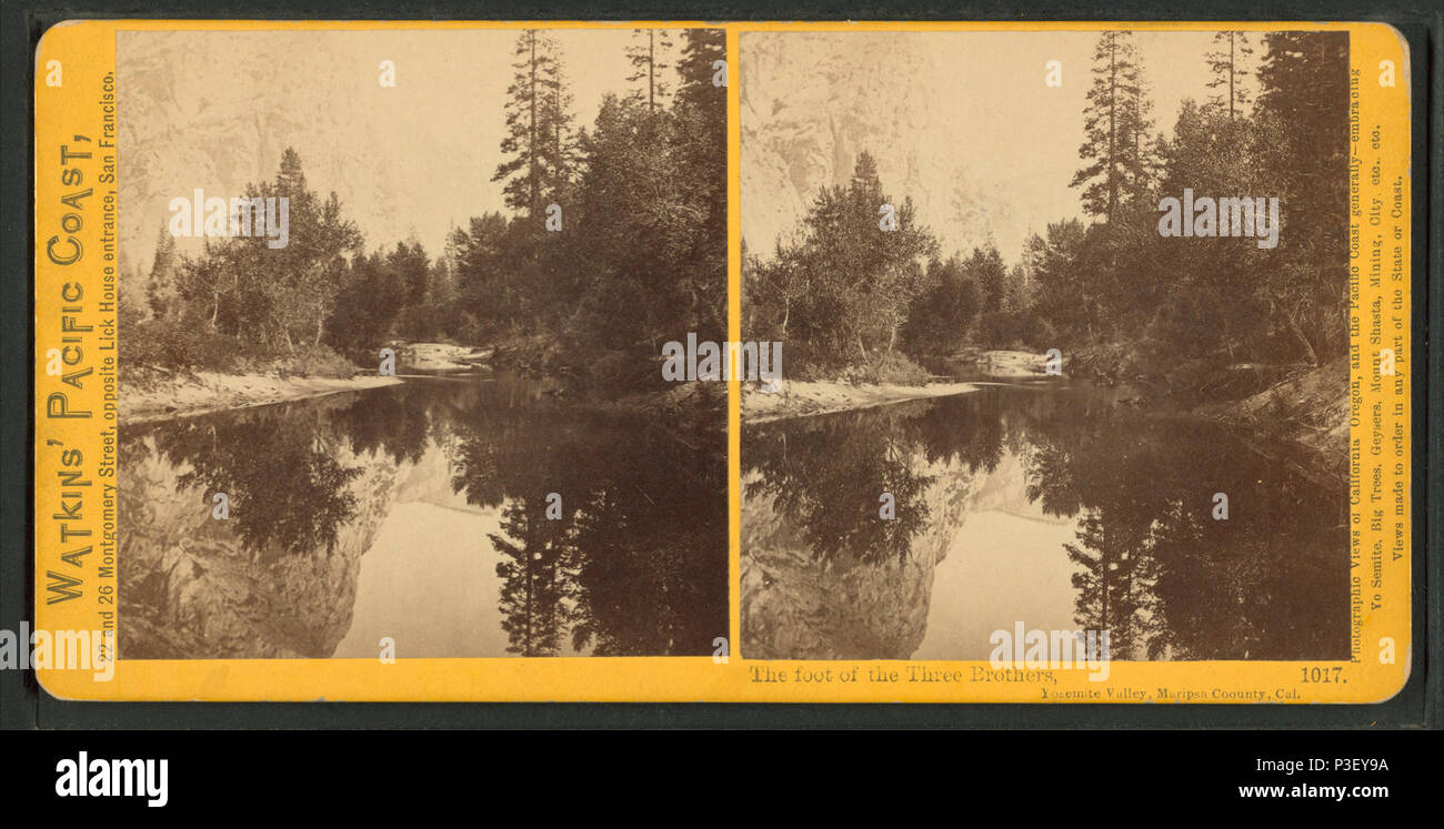 . Am Fuße der Drei Brüder. Yosemite Valley, Mariposa County, Cal. Alternative Titel: Watkins' Pacific Coast, nein. 1017. Erstellt: 1861-1873. Abdeckung: 1861-1873. Quelle Impressum: San Francisco: 1861-1878?. Digitale Element veröffentlicht 6-2 2005; Aktualisiert im 7-21 2008. 308 am Fuße der Drei Brüder. Yosemite Valley, Mariposa County, Cal, durch Watkins, Carleton E., 1829-1916 Stockfoto