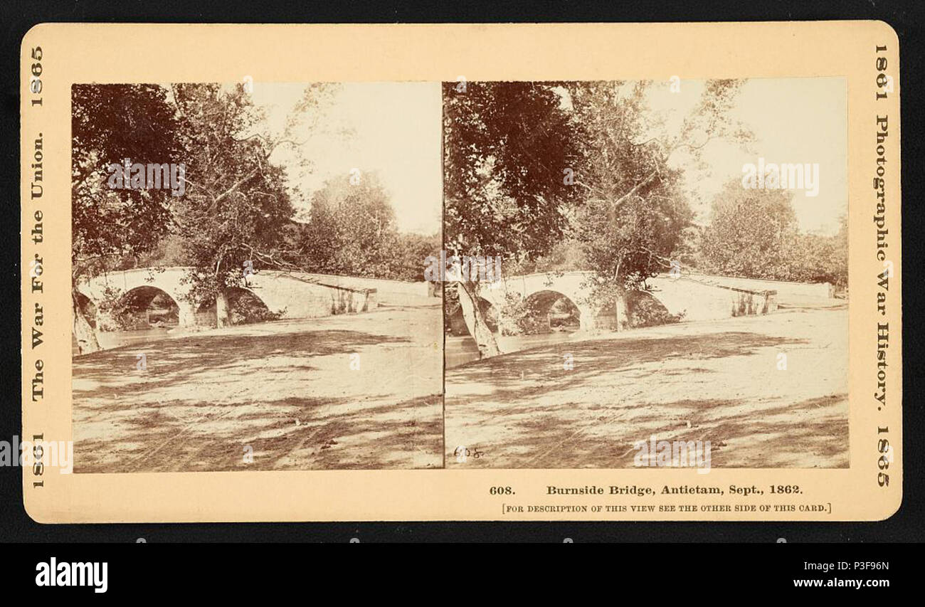 . Englisch: Burnside Bridge, Antietam, Sept. 1862. Englisch: Stereograph zeigen einen teilweisen Blick auf eine steinerne Brücke über Antietam Creek in Maryland. 1862 September. 1 Burnside Bridge, Antietam, Sept. 1862 Stockfoto