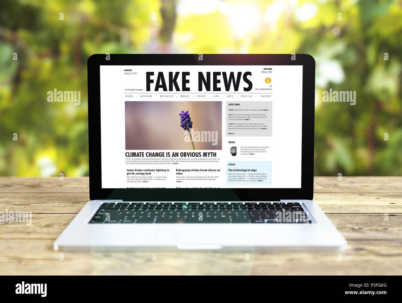 Laptop mit gefälschten Nachrichten auf Tabelle 3D-Rendering Stockfoto