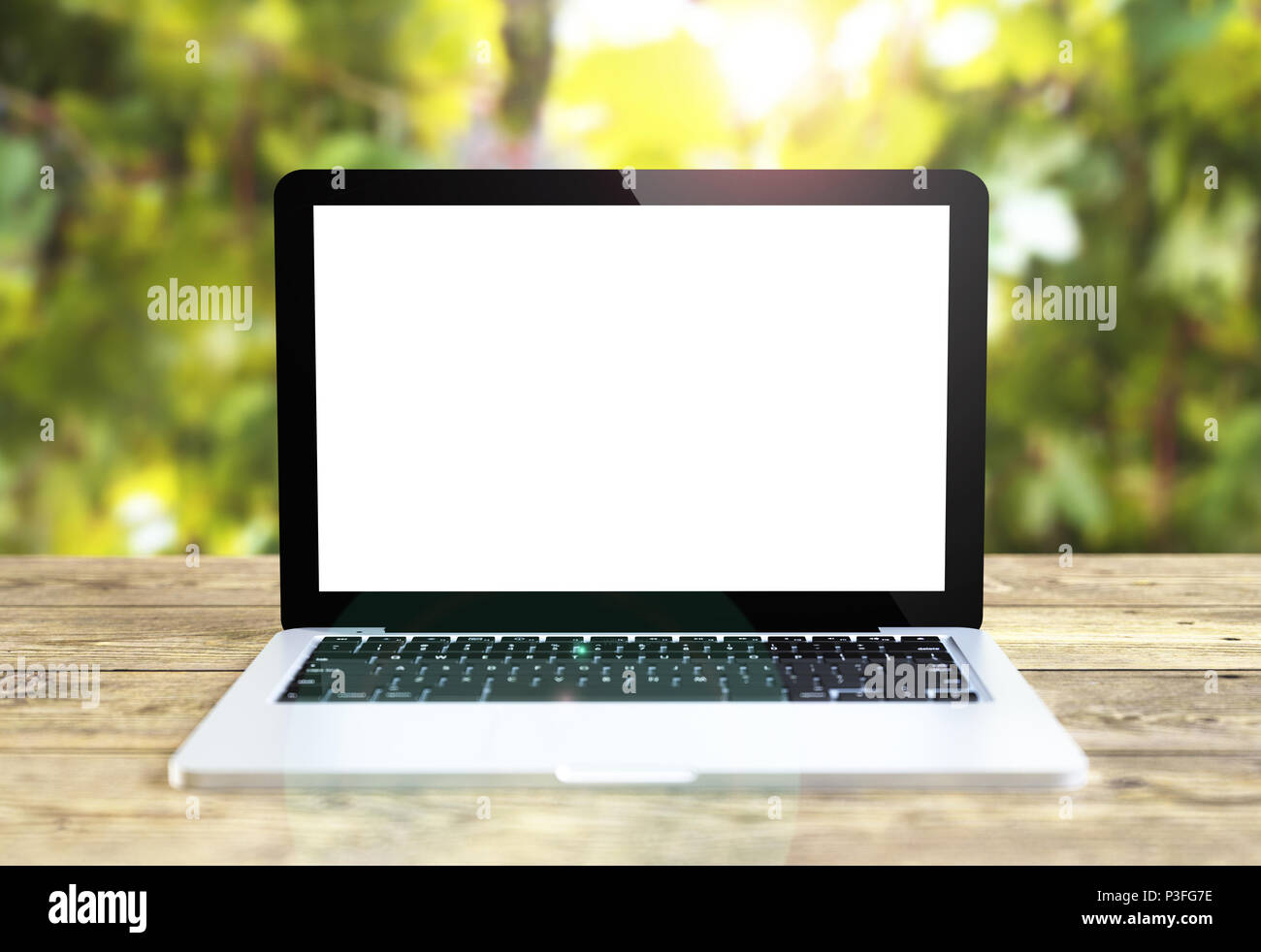 Laptop mit leeren Bildschirm auf Tabelle 3D-Rendering Stockfoto