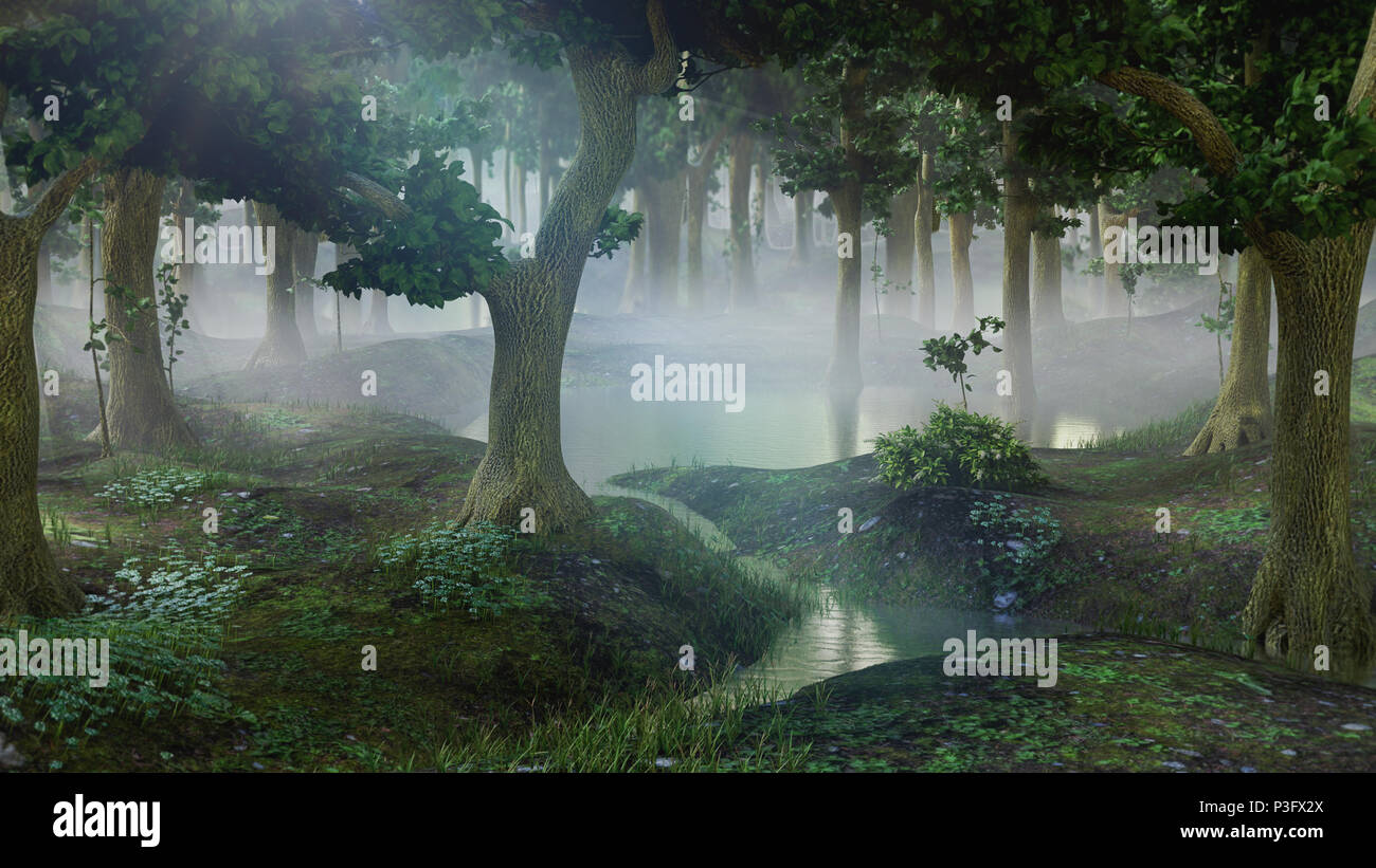 Foggy Fantasy Forest mit Teichen, 3d-Landschaft illustration Stockfoto