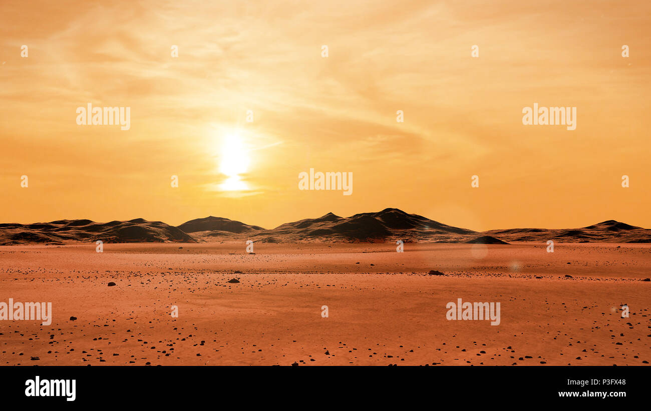 Landschaft auf dem Planeten Mars bei Sonnenaufgang, Wüste, Gebirge auf dem Roten Planeten (3d-Abbildung) Stockfoto