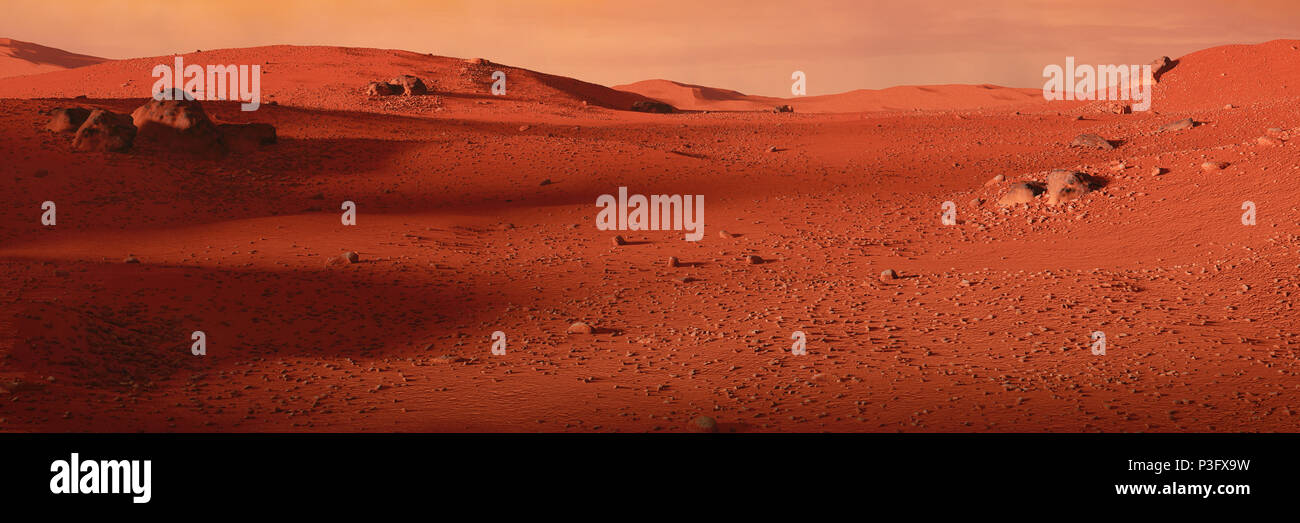 Landschaft auf dem Planeten Mars, malerischen Wüste auf dem Roten Planeten (3d-raum Abbildung Banner) Stockfoto