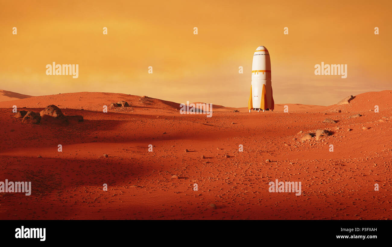 Landschaft auf dem Planeten Mars, Rakete, die Landung auf dem Roten Planeten (3d-Abbildung) Stockfoto