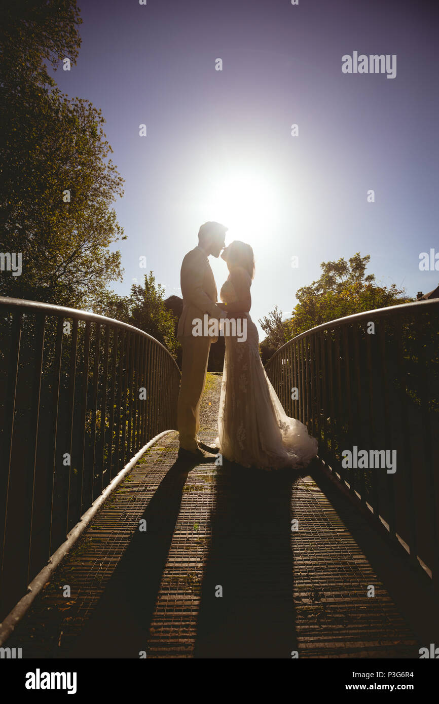 Braut und Bräutigam küssen Auf der Fußgängerbrücke im Garten Stockfoto