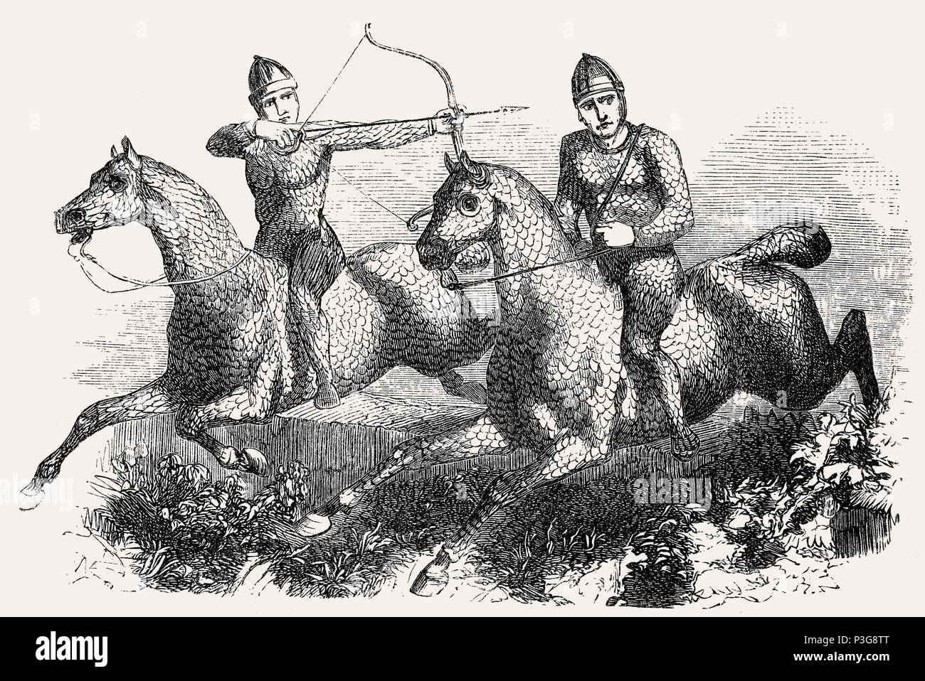 Sarmatische Kavallerie während der Dakischen Kriege, lizard - wie Schuppenpanzer aus zusammengenäht Huf Platten Stockfoto