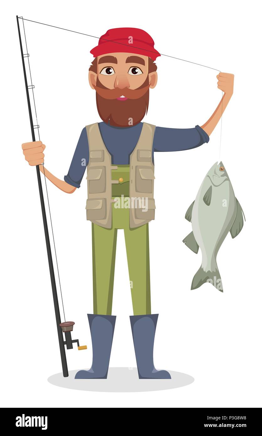 Fisher cartoon Charakter. Fischer holding Angelrute mit gefangenen Fisch. Vector Illustration auf weißem Hintergrund Stock Vektor