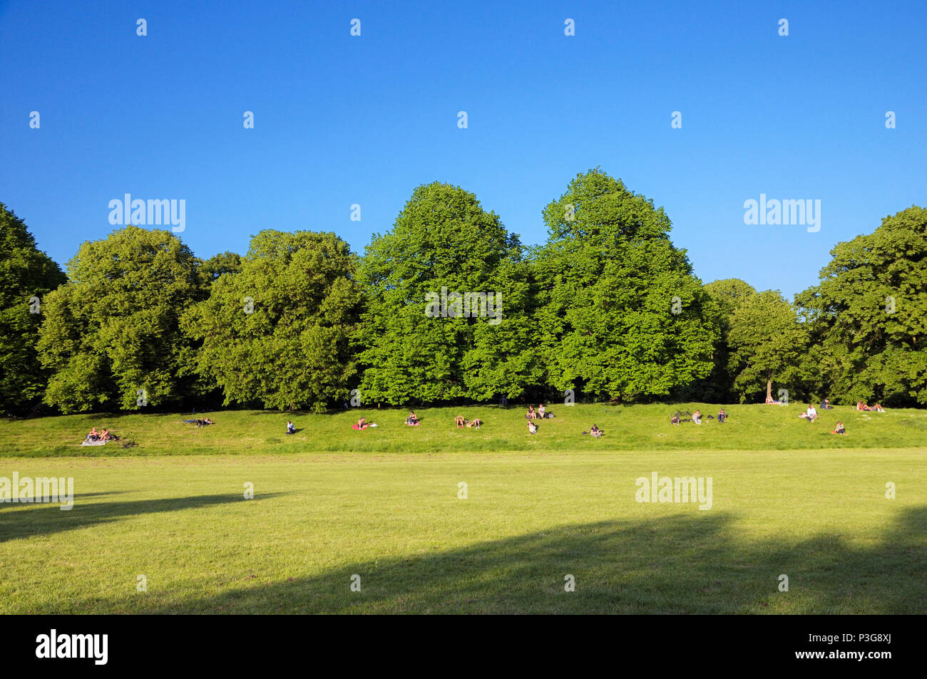 Die Menschen in der Sonne auf den grasbewachsenen Ufern des Kensington Gardens, die Royal Borough von Kensington und Chelsea, London, England, Großbritannien Stockfoto