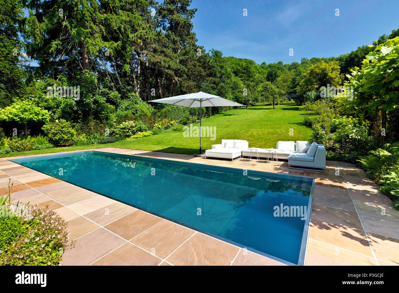 Modernes Schwimmbad im Garten im Hinterhof Stockfoto