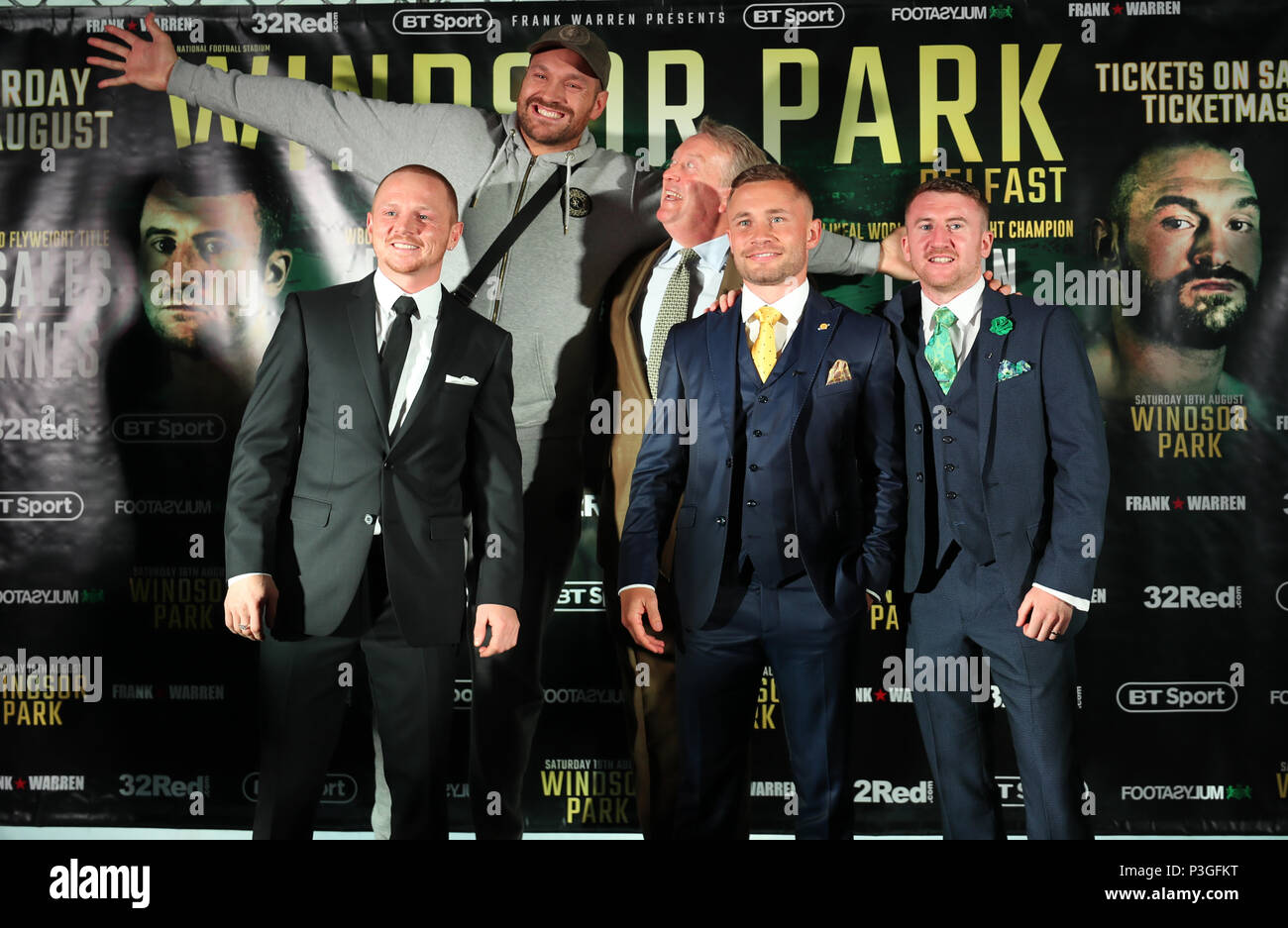 (Von links nach rechts) Luke Jackson, Tyson Fury, Veranstalter Frank Warren, Carl Frampton und Paddy Barnes während der Pressekonferenz im Windsor Park, Belfast. Stockfoto