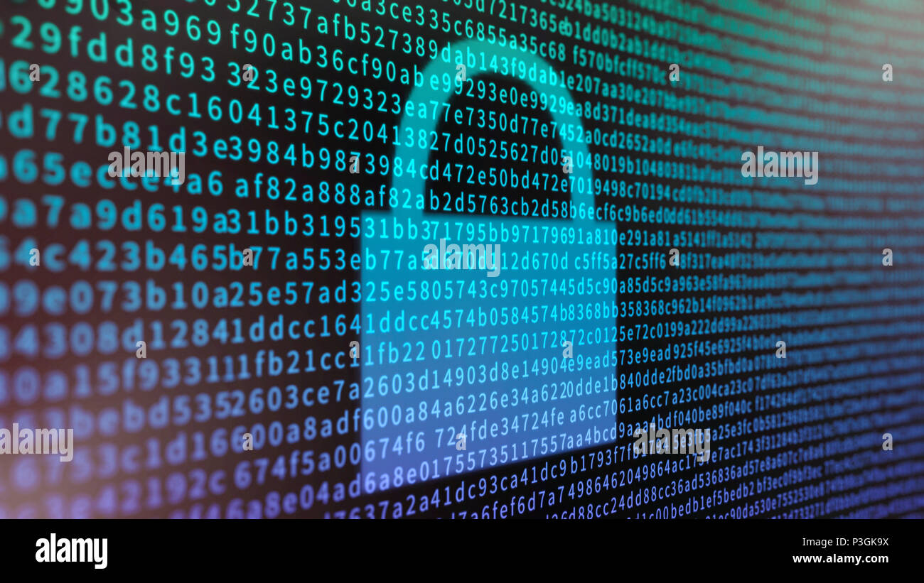 Datenverschlüsselung Konzept mit einem Bildschirm mit hexadezimalen Informationen und Vorhängeschloss Stockfoto