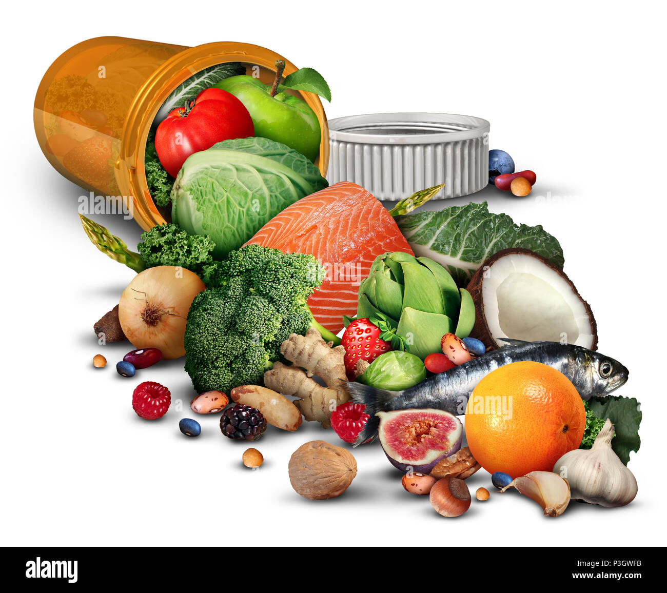 Natürliche Medizin ergänzen Vitamin Medikation als Pille Flasche mit Obst Gemüse Nüsse und Bohnen in einem Nährstoff Produkt als ein natürlicher Nährstoff t Stockfoto