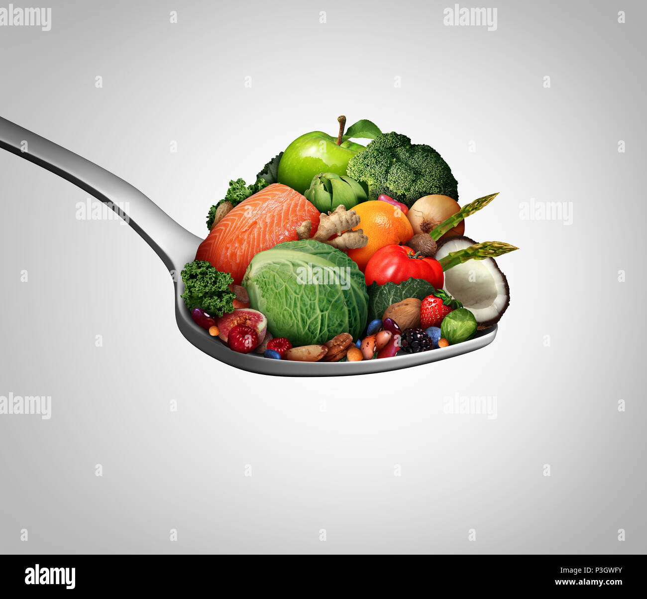 Ergänzungen Vitamine wie einen Löffel mit Obst Gemüse Nüsse und Bohnen als natürliche Medizin Gesundheit Ernährung Behandlung mit 3D-Illustration Elemente. Stockfoto
