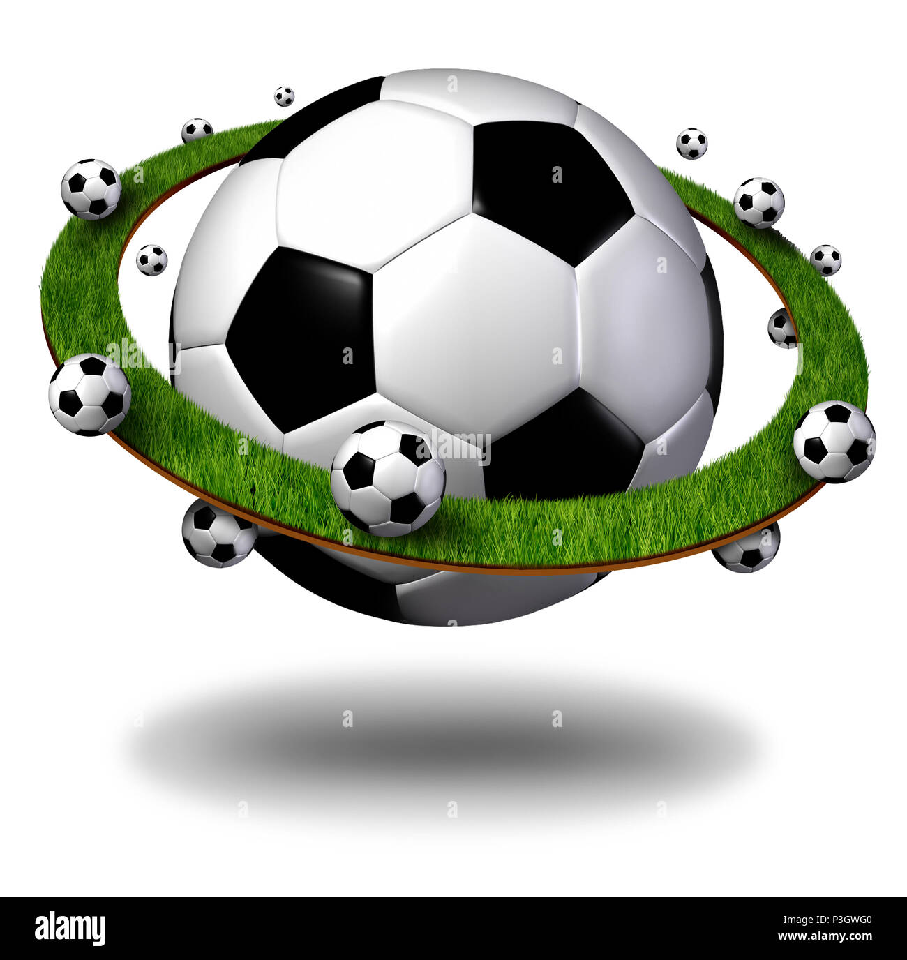 Globalen Fußball-Symbol und internationalen Fußball Konzept als Planet geformte Kugel mit Gras Feld Ring mit Kugeln als Welt sport Wettbewerb. Stockfoto