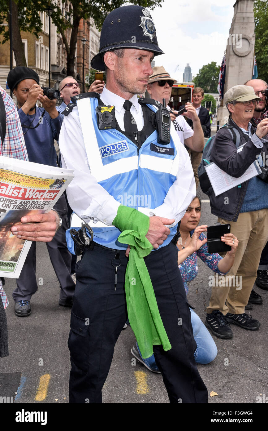 Polizist mit Grenfell grüner Schal auf seiner Hülse, Gerechtigkeit für Grenfell - Solidarität März, Richmond Terrace, London.UK Stockfoto