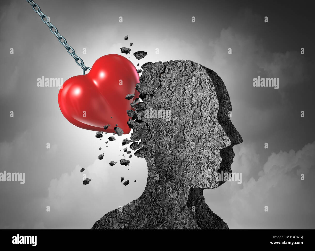 Liebe Schmerz als gebrochenen Herzen Psychologie der Beziehung Konzept mit 3D-Darstellung. Stockfoto