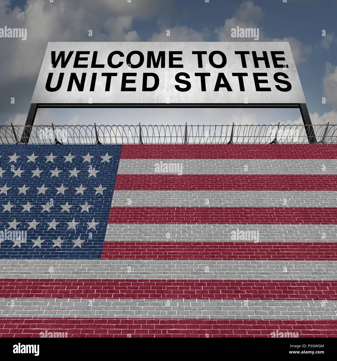 United States immigration Grenzmauer Sicherheit für Einwanderer oder Urlaub touristische Besucher nach Amerika als ein amerikanischer cutoms Sicherheitskonzept mit 3 Stockfoto