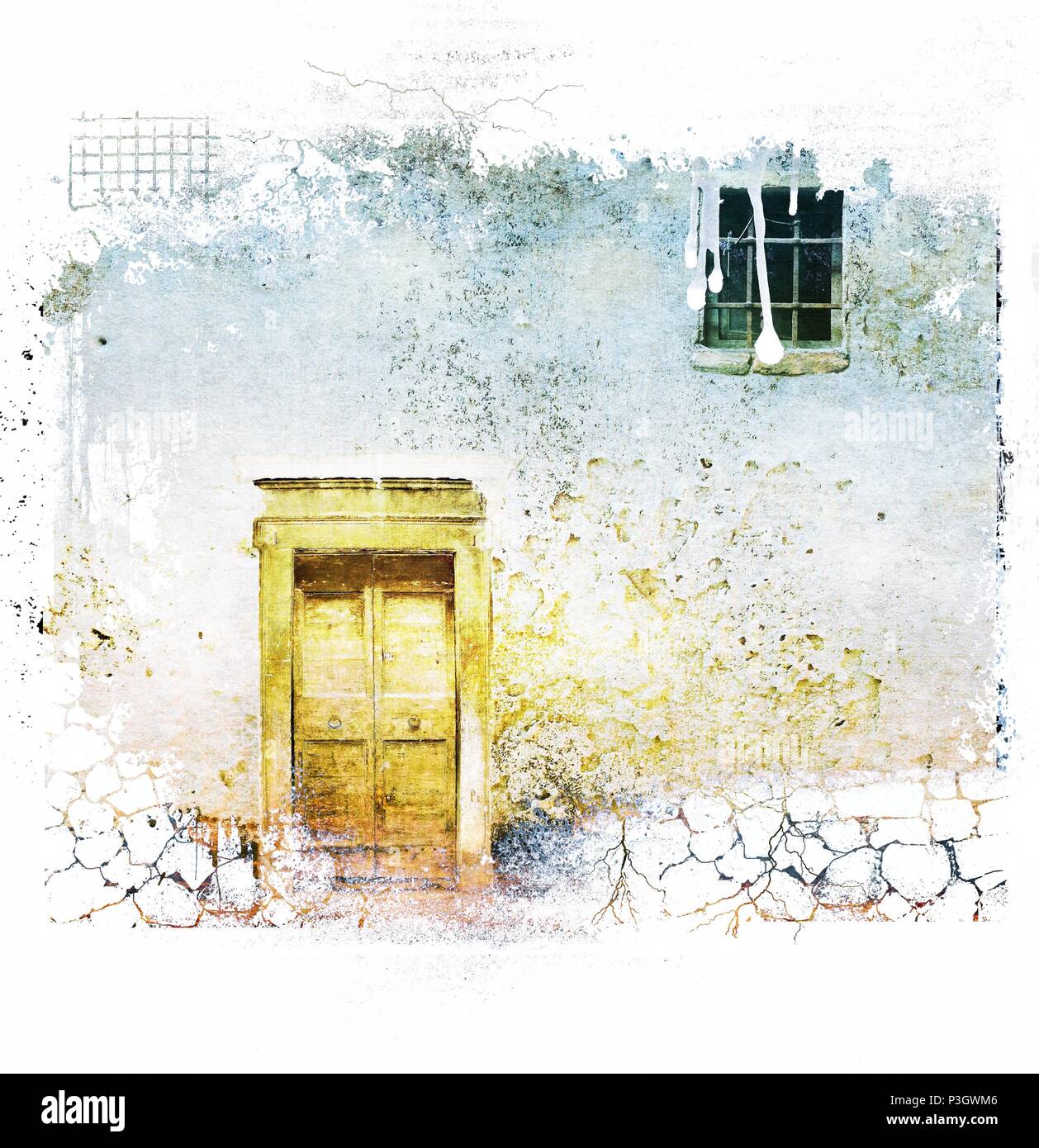 Peeling tropfen Wand mit alte Tür und kleine Fenster. Grunge Stil. Stockfoto