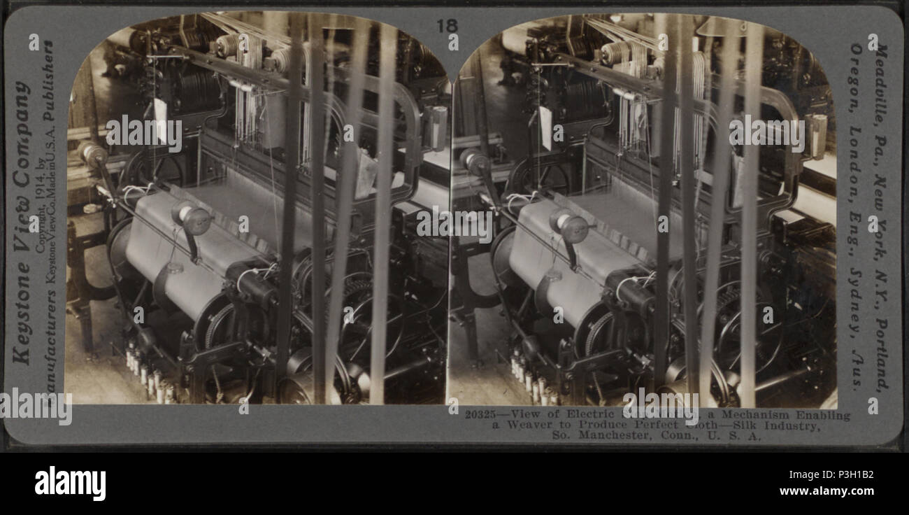 360° Ansicht der elektrischen Bewegung anhalten, um einen Mechanismus, nach dem ein Weber perfekte Tuch zu produzieren. Seidenindustrie, South Manchester, Anschl., USA, durch Keystone View Company Stockfoto
