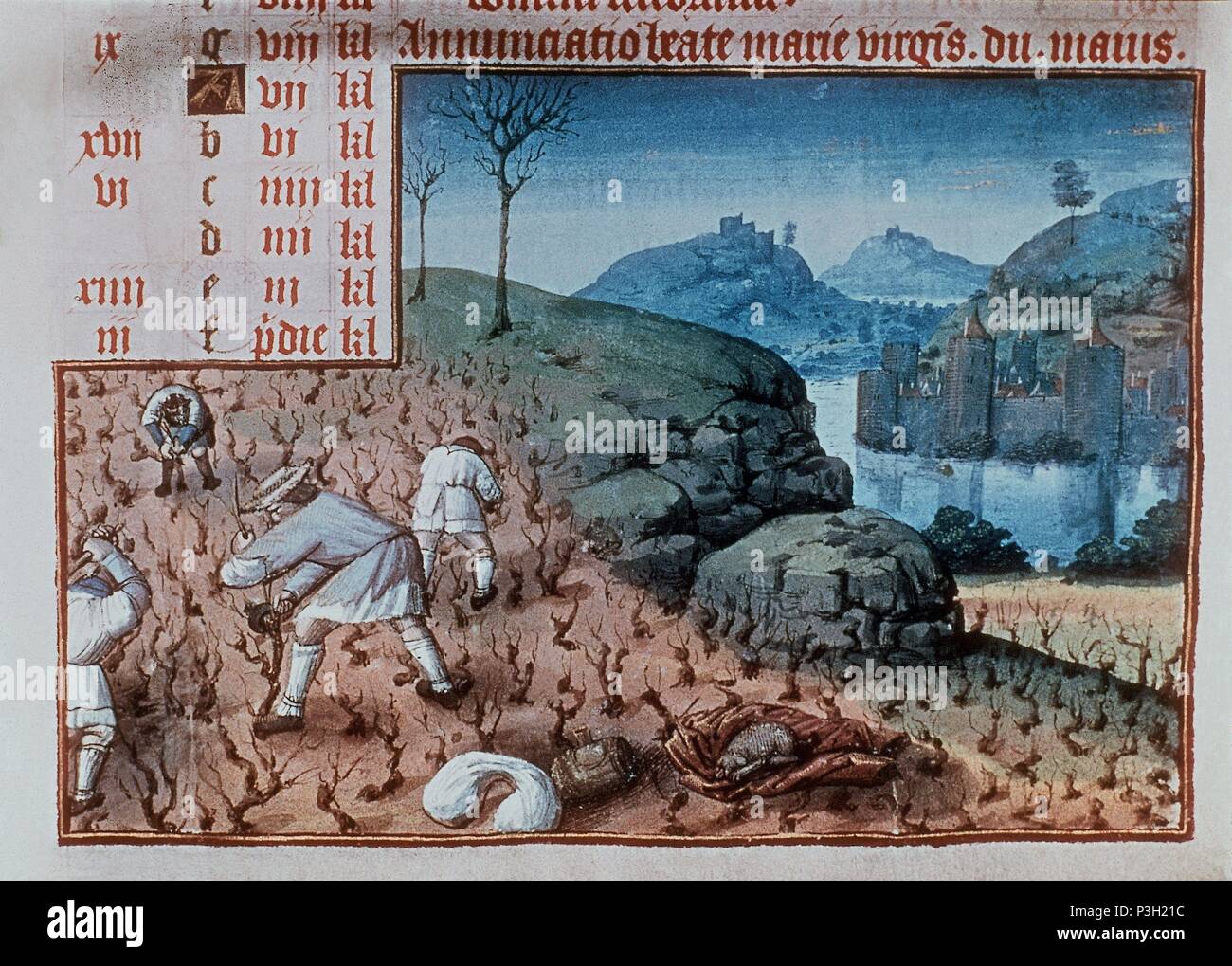 Mittelalterliche AGRICULTORES PODANDO LAS VIÑAS - LIBRO DE HORAS DE 1430 AL MODO DEL LIBRO HORAS del Duque de Berry. Ort: ZENTRALBIBLIOTHEK, Frankreich. Stockfoto