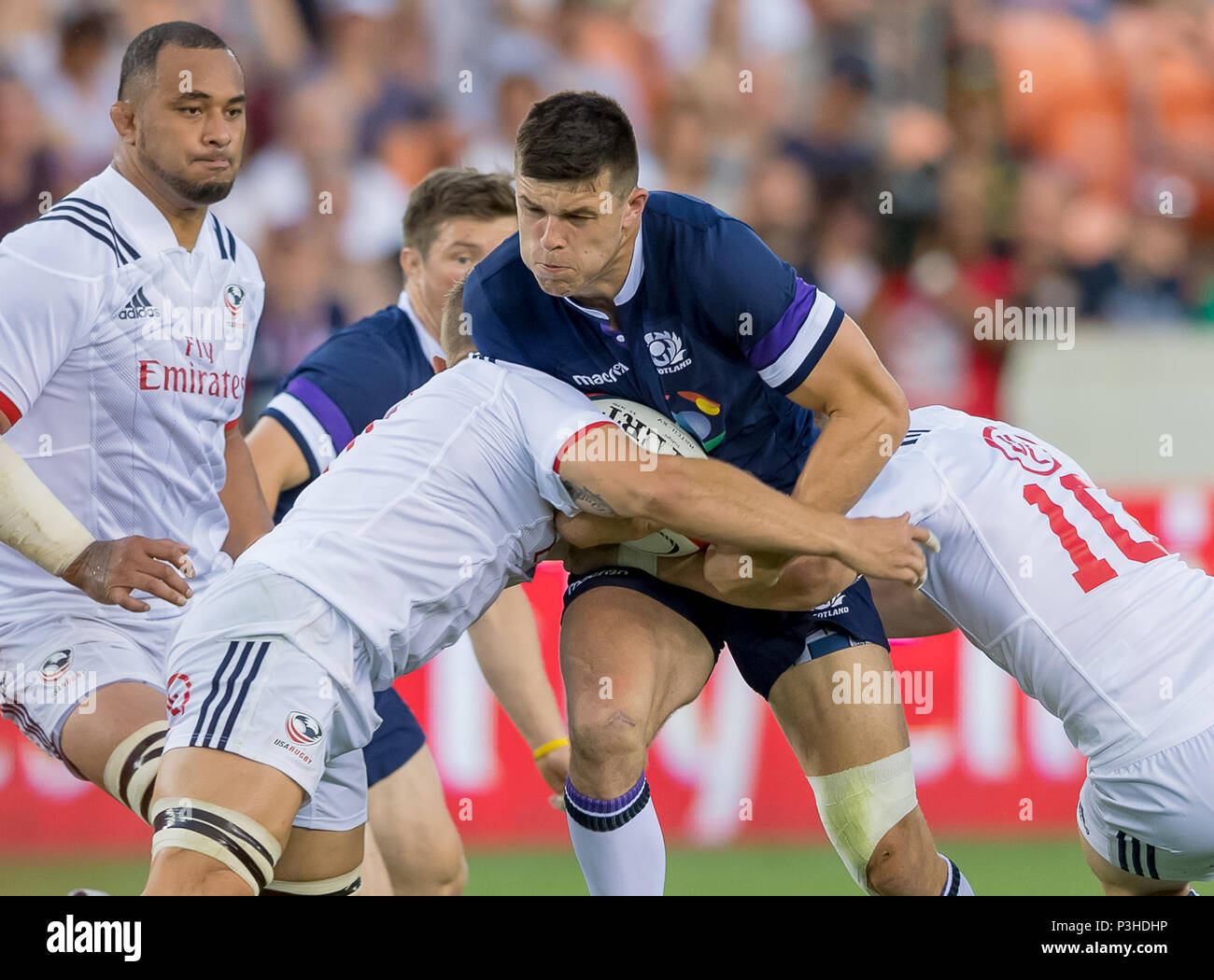 Mai 5, 2018: Männer von Schottland Rugby Team Flügel Blair Kinghorn (14) Während der Emirate Sommer Serie 2018 Match zwischen den USA Männer Team vs Schottlands Männer Team bei BBVA Compass Stadium, Houston, Texas. USA besiegt Schottland 30-29 Vollzeit Stockfoto