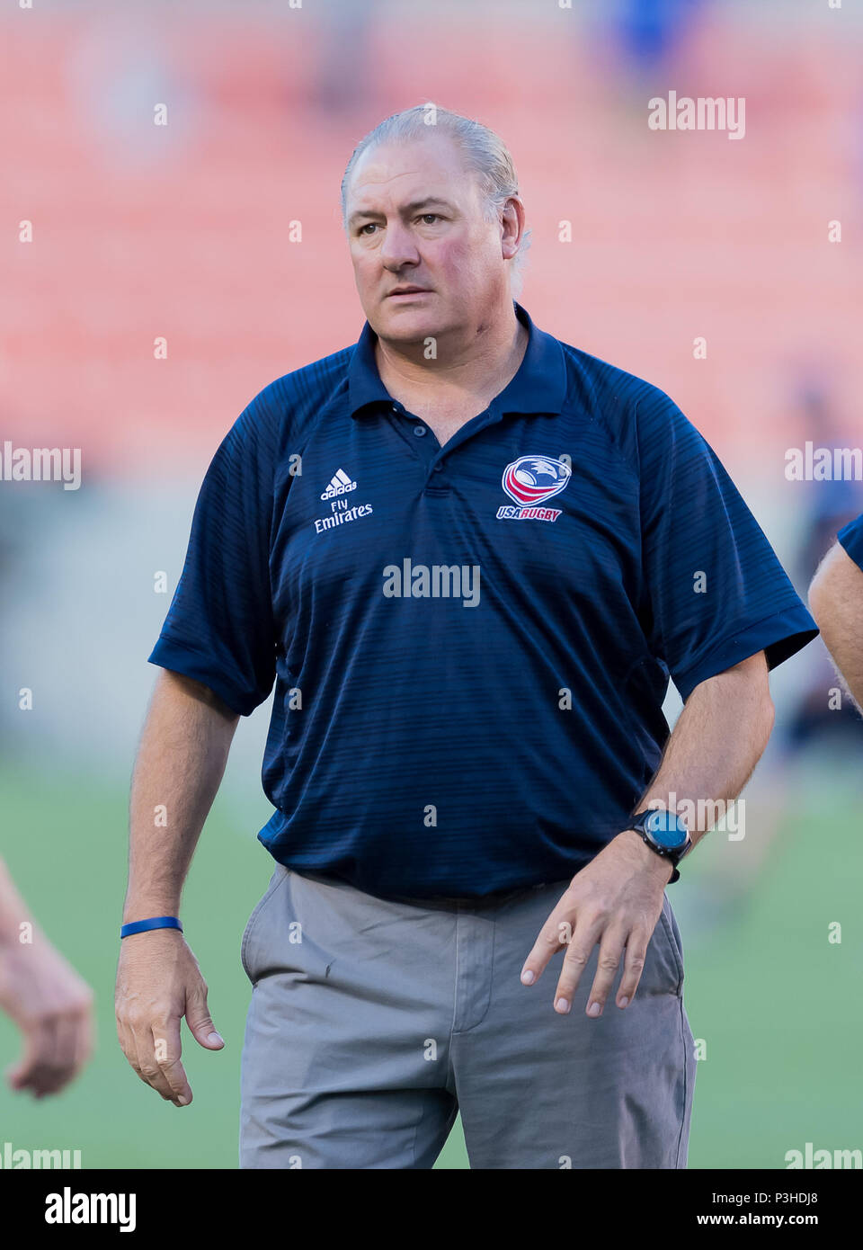 Mai 5, 2018: Die USA Männer Rugby Team Head Coach Gary Gold während der Spiel Warm-ups der Emirate Sommer Serie 2018 Match zwischen den USA Männer Team vs Schottlands Männer Team bei BBVA Compass Stadium, Houston, Texas. USA besiegt Schottland 30-29 Vollzeit Stockfoto