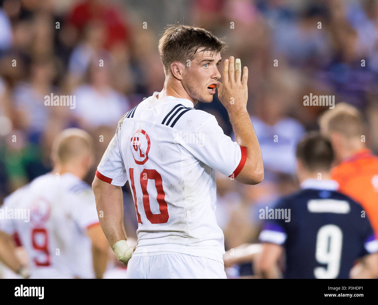 Mai 5, 2018: Die USA Männer Rugby Team außerhalb der Hälfte AJ Muchow (10) Während die Emirate Sommer Serie 2018 Match zwischen den USA Männer Team vs Schottlands Männer Team bei BBVA Compass Stadium, Houston, Texas. USA besiegt Schottland 30-29 Vollzeit Stockfoto