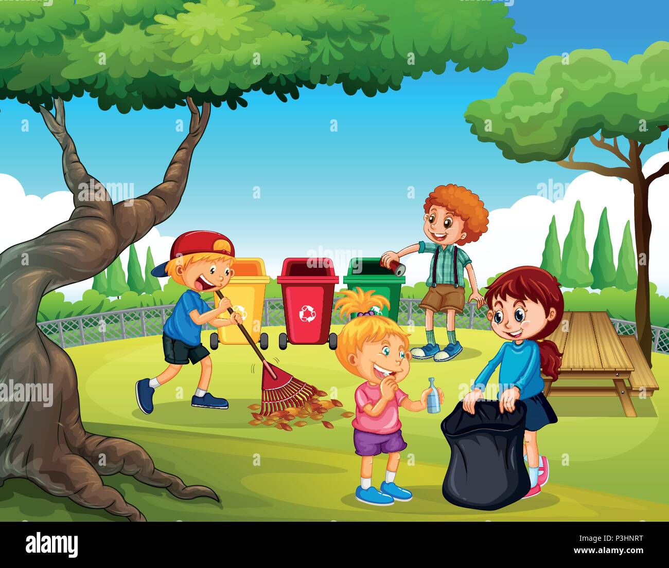 Eine Gruppe von Kindern Reinigung Garten Abbildung Stock Vektor