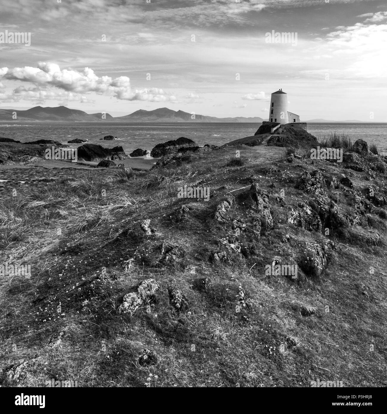 Tŵr Mawr Leuchtturm (bedeutet "Große Turm' auf Walisisch), auf Ynys Llanddwyn auf Anglesey, Wales, markiert den westlichen Eingang der Menai Strait. Stockfoto