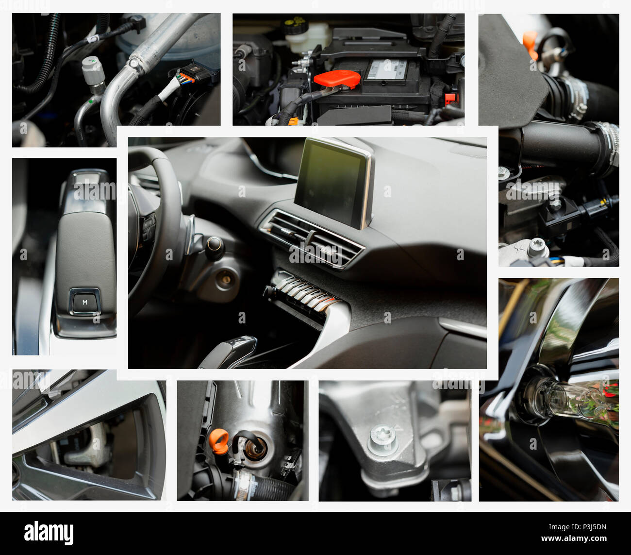 Collage aus verschiedenen Teilen eines modernen Turbo Diesel Auto. Stockfoto