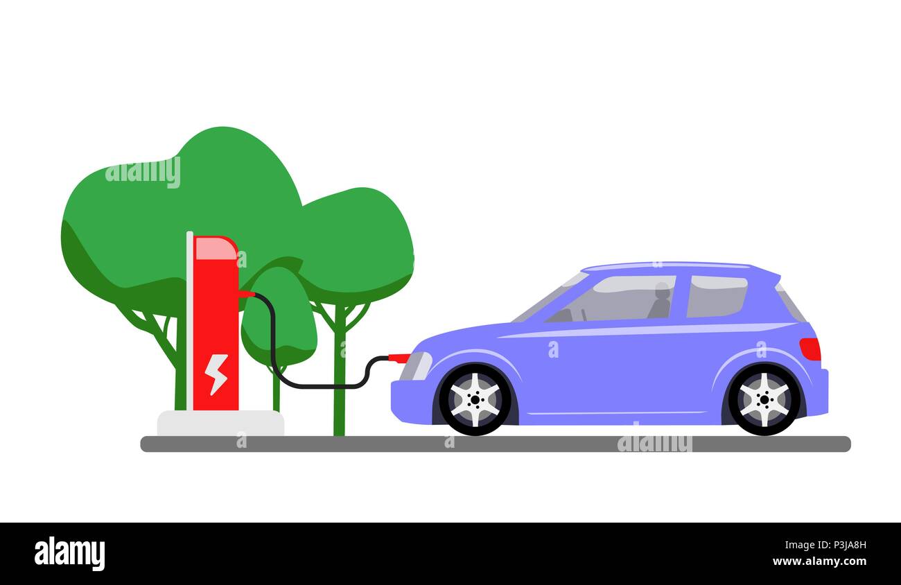 Elektroauto aufladen zu tanken. Die moderne Fahrzeugtechnik. Vector Illustration Stock Vektor