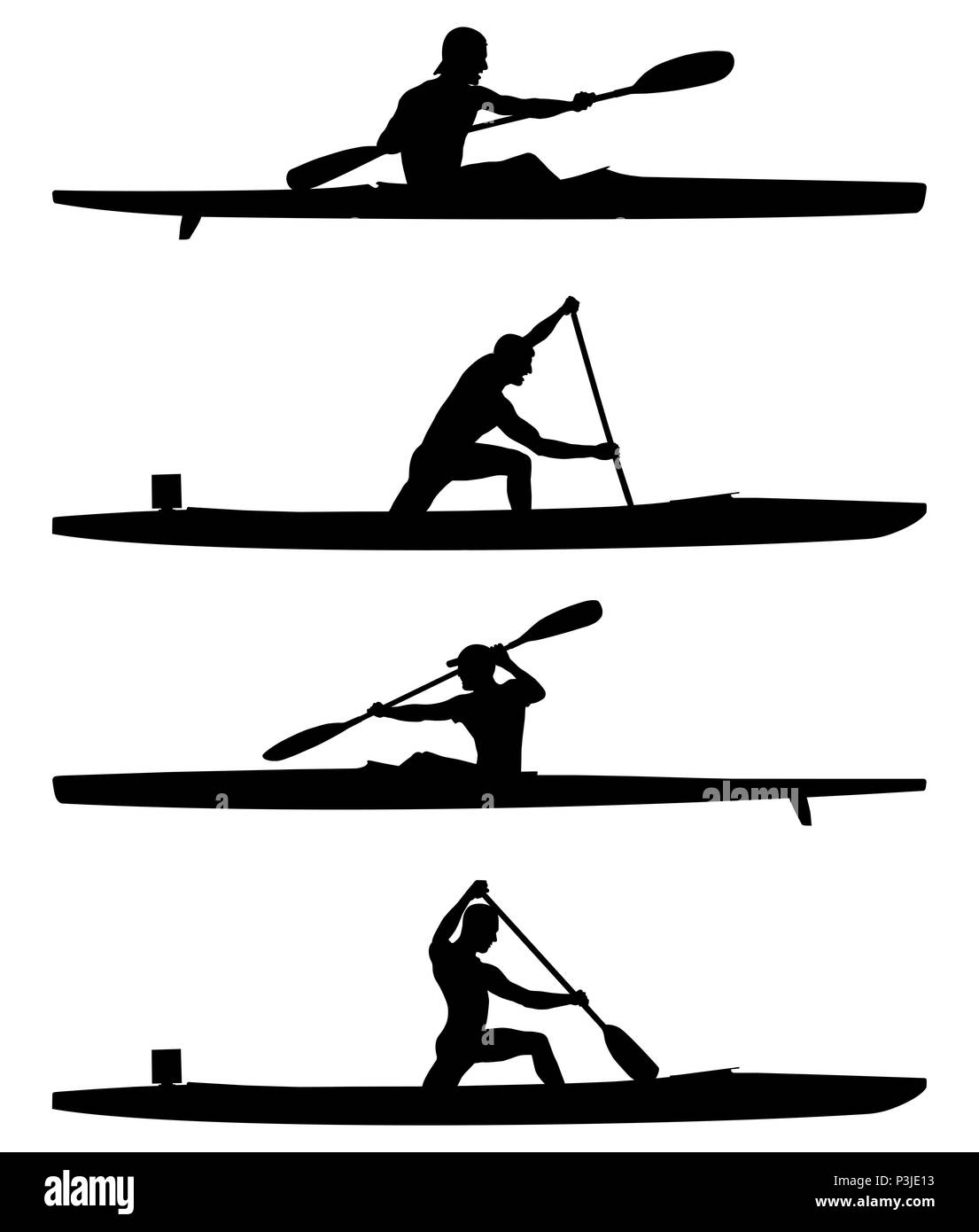 Set Ruderer Kajak und Kanu schwarze Silhouetten bootfahren Wettbewerb Stockfoto