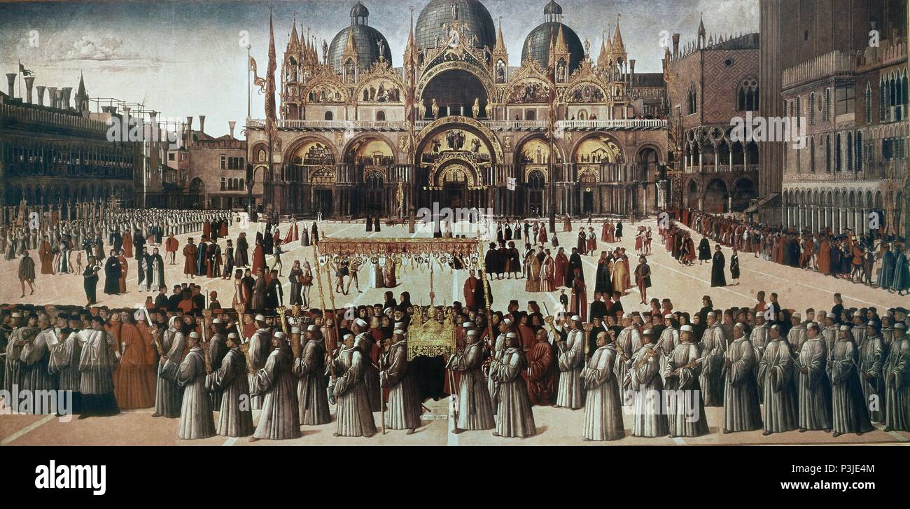 * PROCESION EN LA PLAZA DE SAN MARCOS-S XV. Autor: Giovanni Bellini (1430-1516). Ort: ACADEMIA DE BELLAS ARTES, ITALIA. Stockfoto