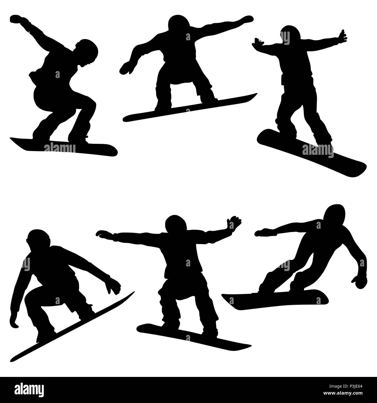 Set Athleten Snowboarder schwarze Silhouette Snowboard Wettbewerb Stockfoto