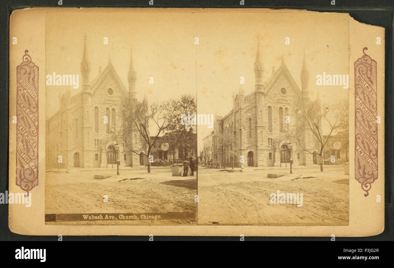 . Wabash Avenue, Kirche, Chicago. Alternative Titel: Beschreibende Blick auf dem amerikanischen Kontinent. Deutsch: Das alte Old St. Mary's Church (1871 - 1971), 1866 als Plymouth Gemeindekirche gebaut am 9. und Wabash Straßen. Das grosse Feuer 1871 verschont Diese Kirche Gebäude und damit der Römisch-katholischen Diözese könnte es als seine vorläufigen Kathedrale kaufen, während Pläne für eine neue Kathedrale Parish (Heiligen Namen) nördlich des Chicago River gemacht wurden, und die mit dem noch unvollendeten Dom St. Marien zu Asche in das Große Feuer verbrannt wird. . Abdeckung: 1865?-1895?. Quelle Impressum: 1865?-1895?. Digitale ite Stockfoto