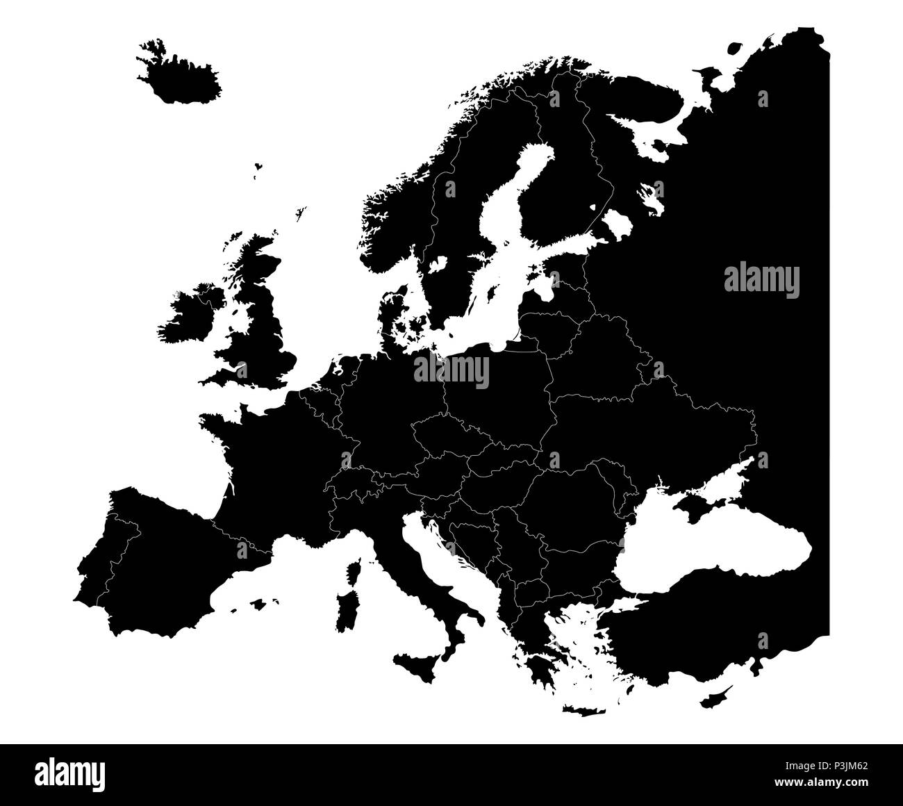Karte von Europa Silhouette mit Ländergrenzen isolieren auf Weiß Stock Vektor