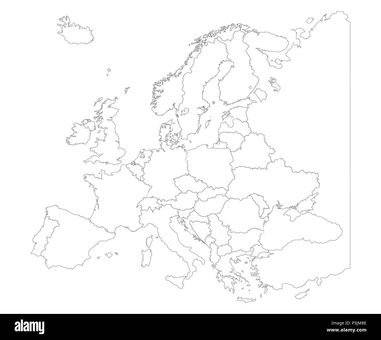 Karte von Europa mit Ländergrenzen isolieren auf Weiß Stock Vektor