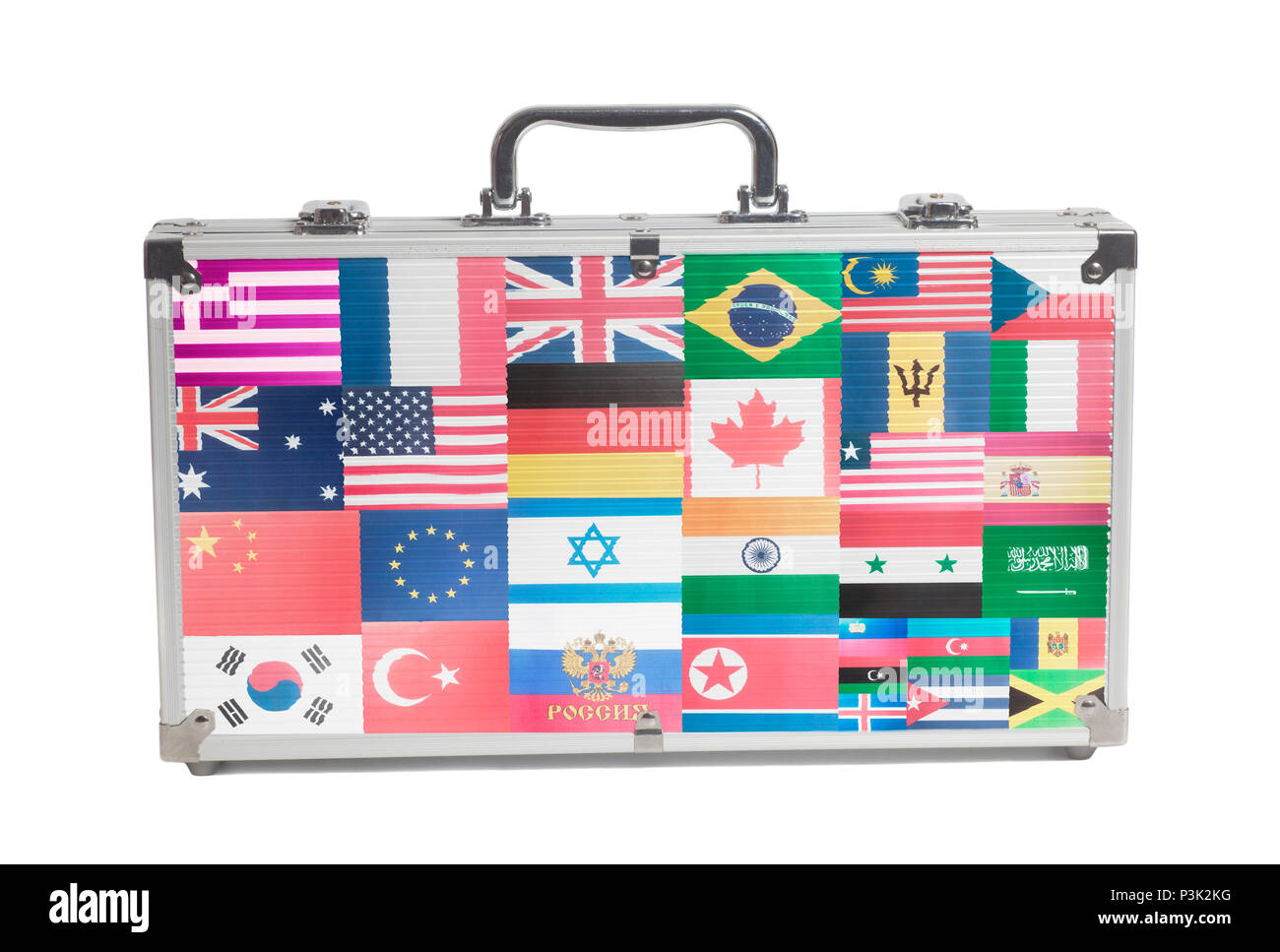 Business Travel Koffer mit Flaggen aller Länder der Welt auf weißem Hintergrund Stockfoto