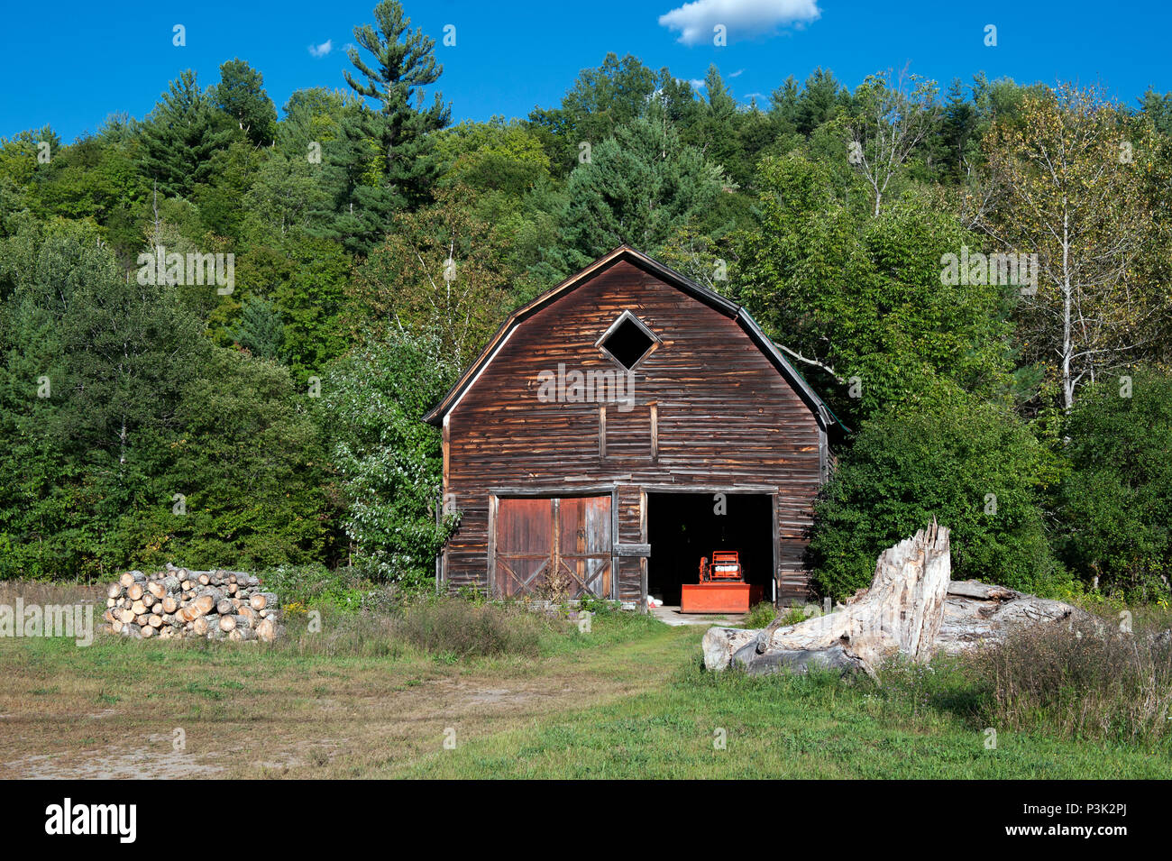 Alten und verwitterten hölzernen Scheune vor dem Hintergrund der Bäume, New York State, USA. Eine kleine Schneepflug ist innen geparkt. Stockfoto