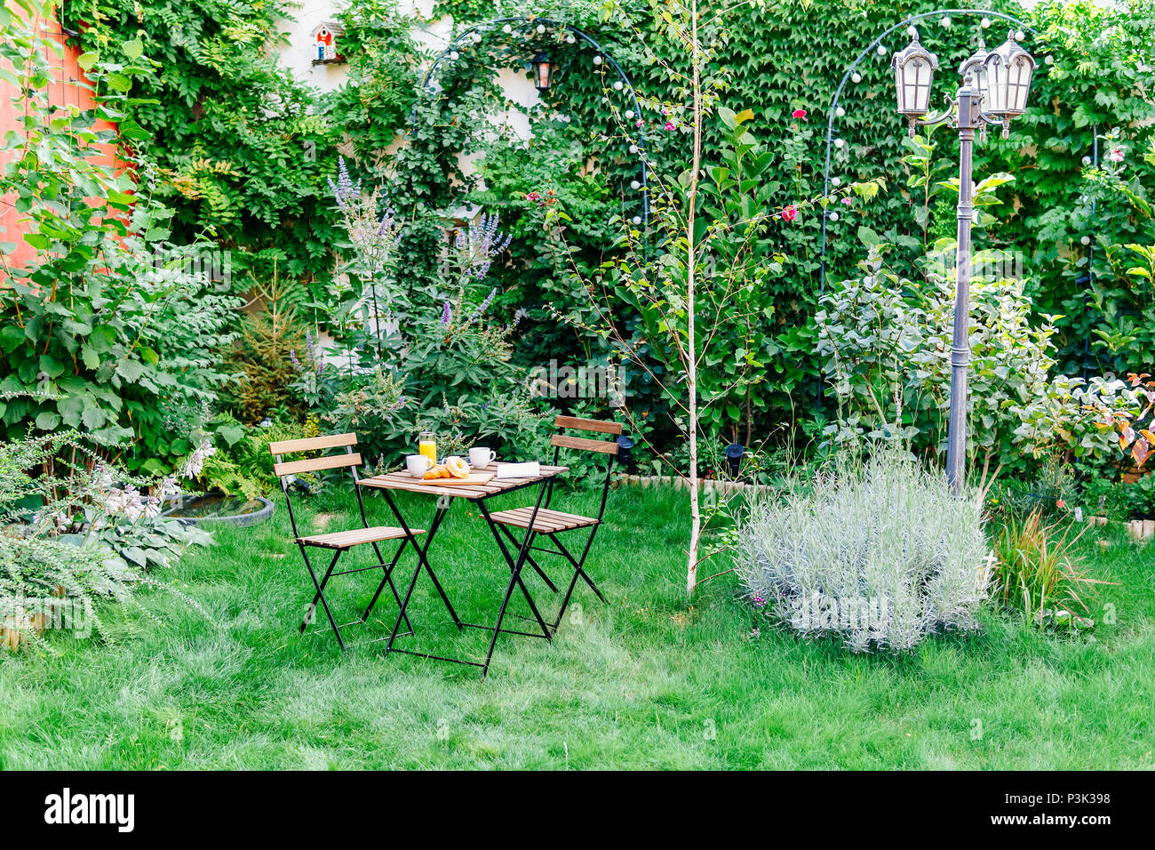 Frühstück im grünen Garten mit französischen Croissants, Kaffee, Orangensaft, Tablet und Hinweise Buch auf hölzernen Tisch Stockfoto
