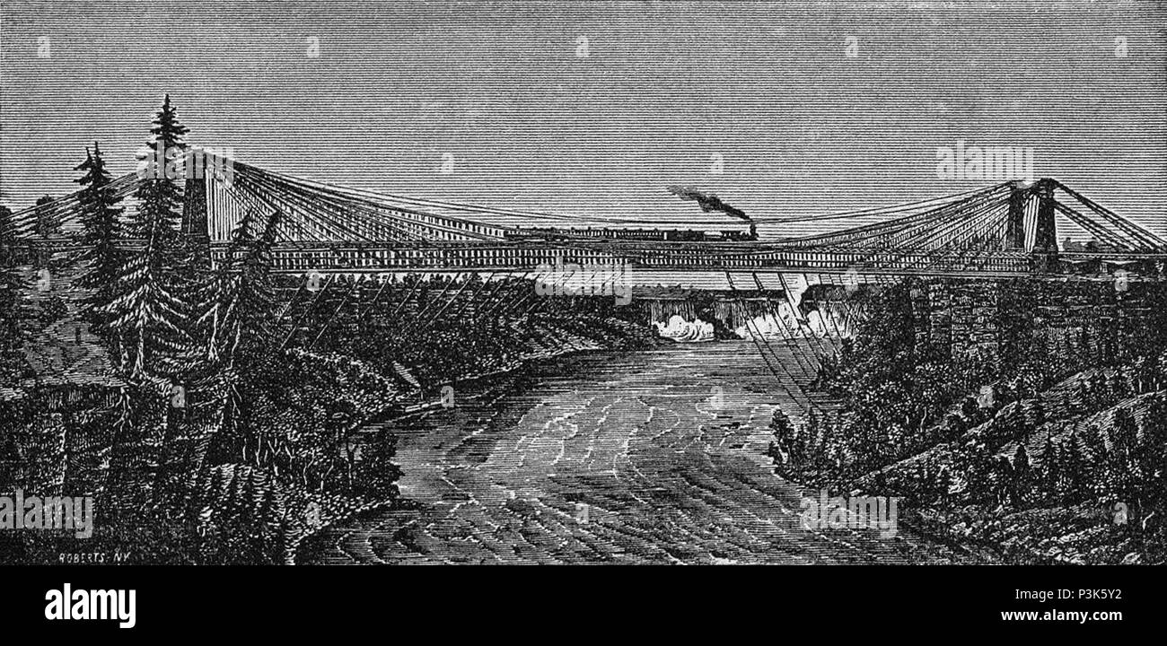 . Englisch: Gravur zeigt ein Blick auf die Niagara Falls Hängebrücke, Teil der Abdeckung einer Werbebroschüre. ca. 1881. Roberts von New York 4 Roberts - Niagara Suspension Bridge Stockfoto