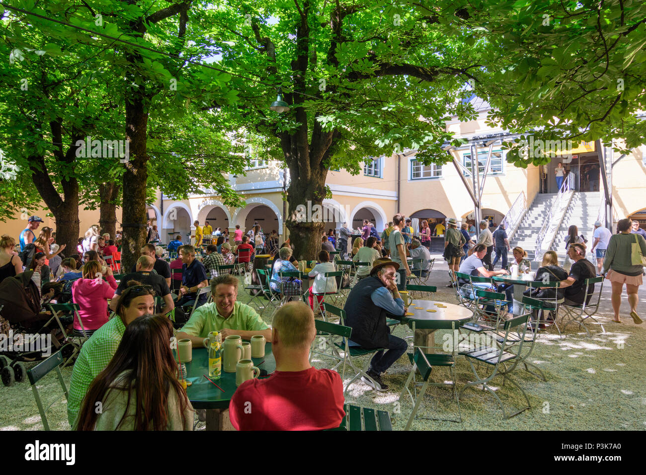 Salzburg: Brauerei Restaurant Biergarten Augustiner Bräustübl Mülln, blühende Kastanien in Österreich, Salzburg, Stockfoto