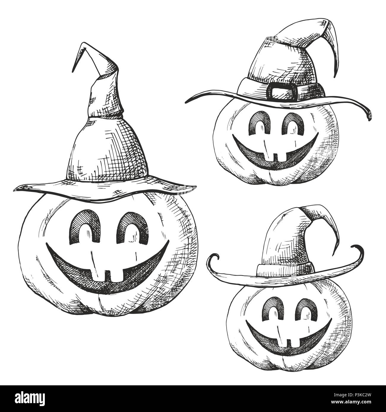 Hand der Kürbisse für Halloween in spitzen Kappen gezeichnet. Vector Illustration in Skizze Stil. Stock Vektor