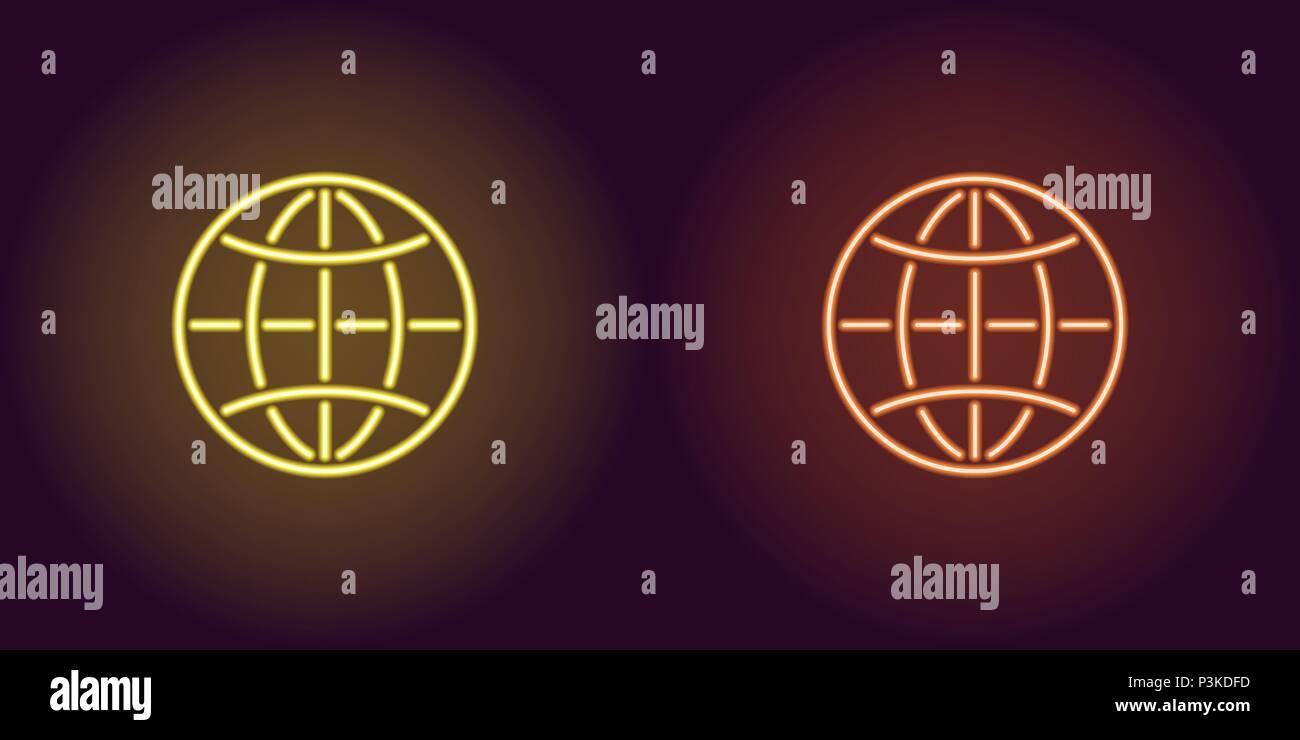 Neon-Symbol von Gelb und Orange Globus. Vector Illustration von Neon Welt bestehend aus Neon skizziert, mit Hintergrundbeleuchtung auf dem dunklen Hintergrund Stock Vektor