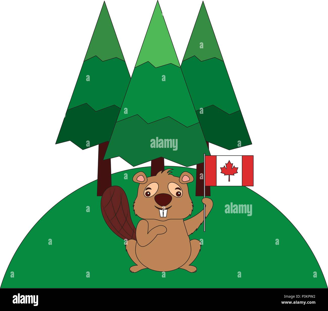 Kanadische Biber holding Kanada Flagge im Wald Vector Illustration Stock Vektor