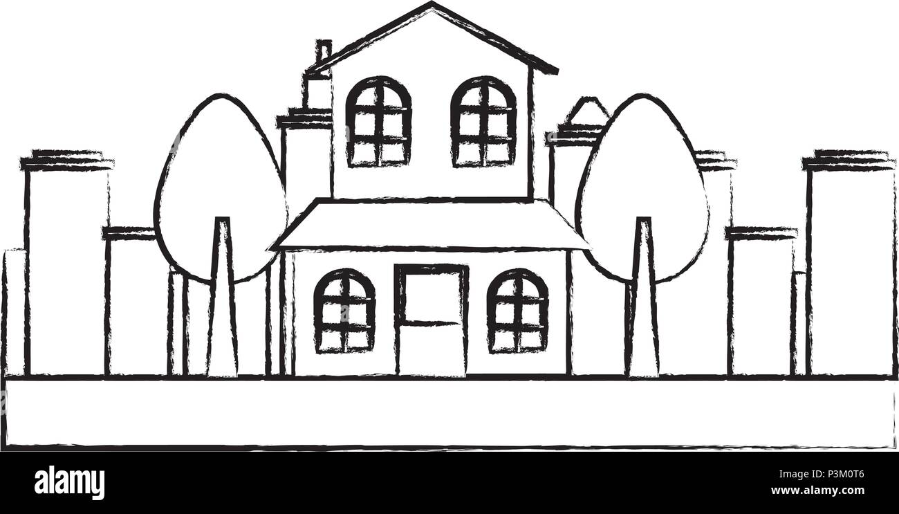 Skizze des modernen Haus und Bäume auf weißem Hintergrund, Vector ...