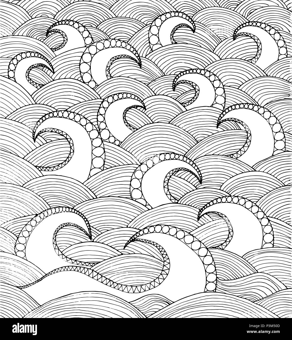 Vector Illustration von Doodle Wellen des Meeres. Handzeichnung coloirng Seite Buch Anti Stress für Erwachsene. Ocean Wave. Stock Vektor