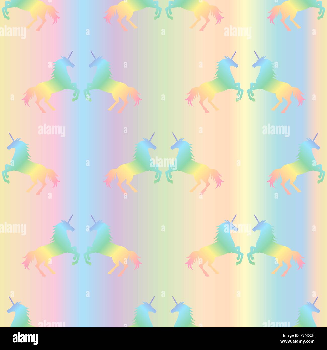 Vector Abbildung: nahtlose Muster von Rainbow Einhörner auf Pastell Farbverlauf Hintergrund. Einhorn Textur Stock Vektor